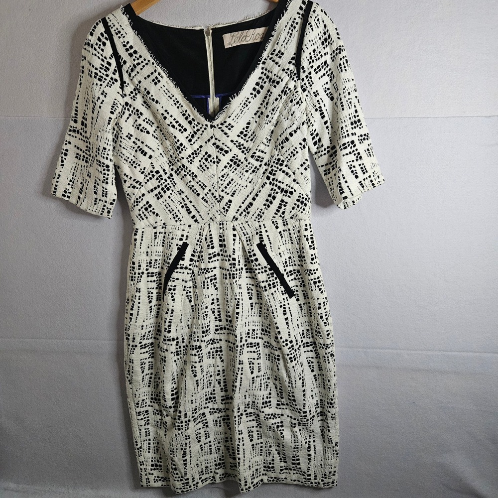 Lela Rose Silk‎ Lace Sheath Dress Black White Geometric V-Neck Pocket Size 10